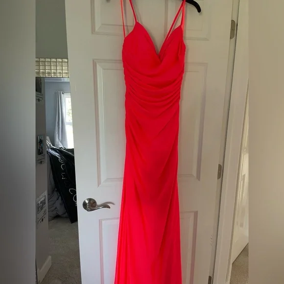 strapless open back dress Omarosa Hardware Detail Cut-Out Halterneck Maxi Dress in Coral